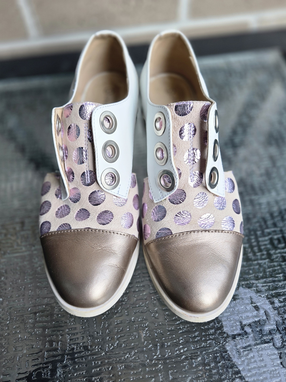 Unity in Diversity Italian Leather Metallic Gold Polka Dot Flats Made/Portugal